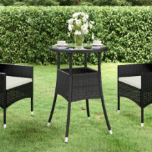 vidaXL Garden Table Ø60 cm Tempered Glass and Poly Rattan Black Patio Table