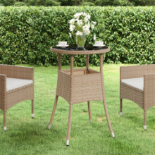 vidaXL Garden Table Ø60 cm Tempered Glass and Poly Rattan Beige Patio Table