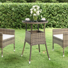 vidaXL Garden Table Ø60 cm Tempered Glass and Poly Rattan Grey Patio Table