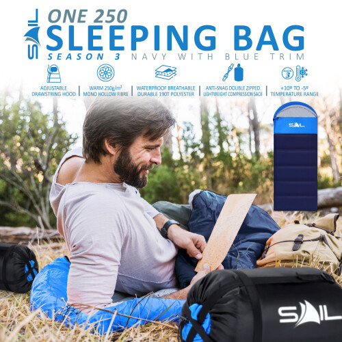 (250GSM, Blue) SAIL 'One' Sleeping Bag 3-4 Season 1