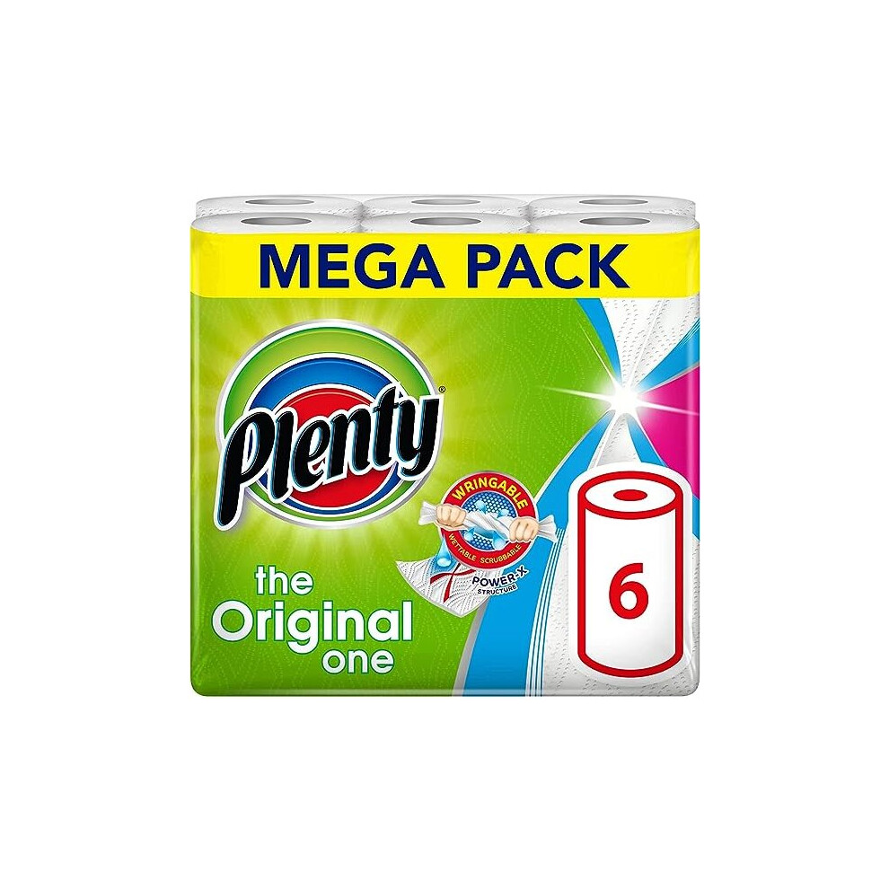 PLENTY Kitchen Towel, 6 White Rolls, 600 Sheets of Kitchen Roll, 2-Ply Tissue