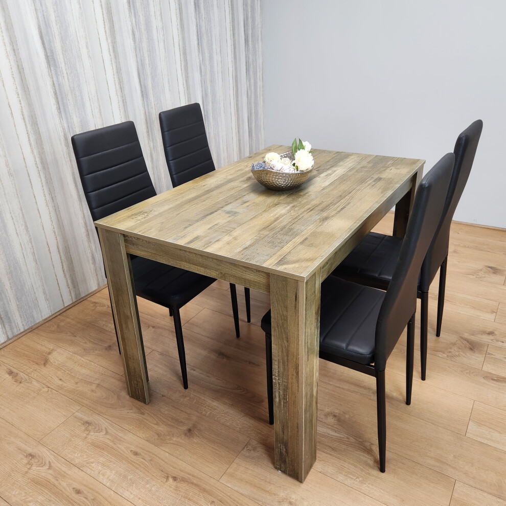 Rustic Effect Dining Table with 4 Black Faux Leather Chairs Dining Set