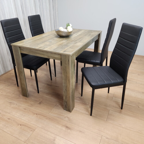Rustic Effect Dining Table with 4 Black Faux Leather Chairs Dining Set 2