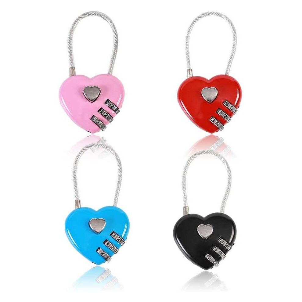 4Pcs Heart Padlock, Combination Lock Mini Code Lock Wire Rope 3-Digit Code Combination Padlock Couple Padlock Resettable Password Luggage Lock Box 7042558906543