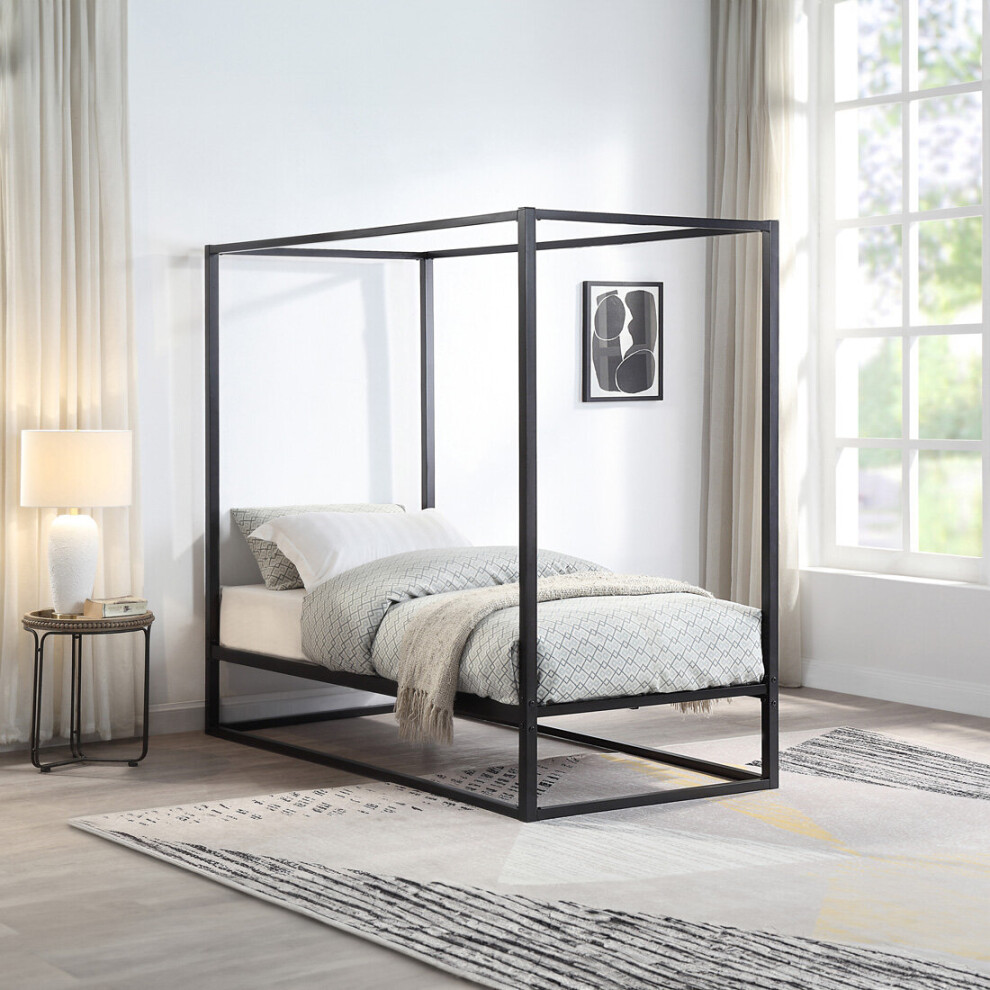 (Single 90 x 190cm, 20cm Deep Pocket Spring Comfort Foam Mattress) ASHWELL MODERN 4 FOUR POSTER BLACK METAL BED FRAME