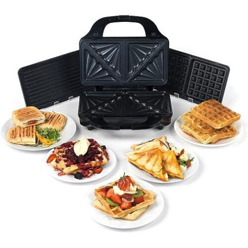 Salter EK2143 3-in-1 Snack Maker -Deep Fill Waffle Iron, Sandwich Panini Press & Toastie Maker, Interchangeable Non-Stick Plates,900W,Indicator Lights