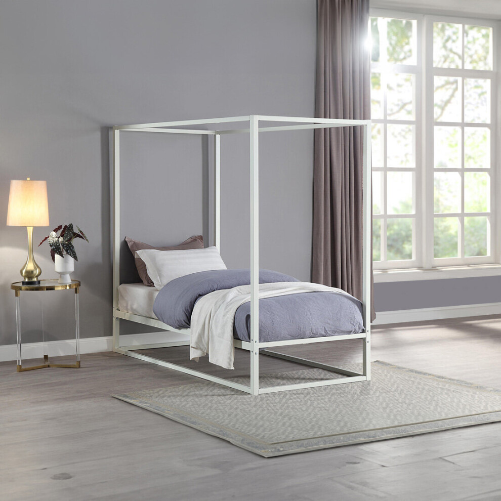 (Single 90 x 190cm, No Mattress) ASHWELL MODERN 4 FOUR POSTER WHITE METAL BED FRAME