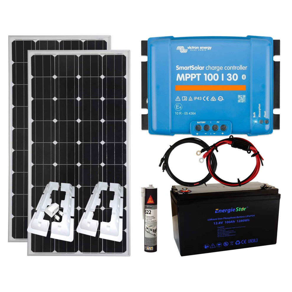 Victron 300w Solar Panel Kit MPPT Smart Controller Lithium BatteryMount with Mounting Brackets,100Ah Lithium Battery,Cables,Sikaflex Adhesive