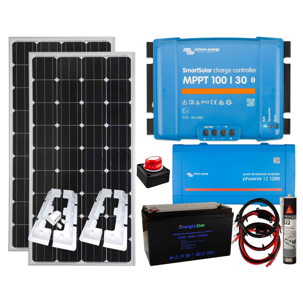 300w Solar Panel Kit MPPT Controller Lithium Inverter, Mounting Brackets,100Ah Lithium Battery,1200w Inverter,Isolation Switch,Cables, Adhesive