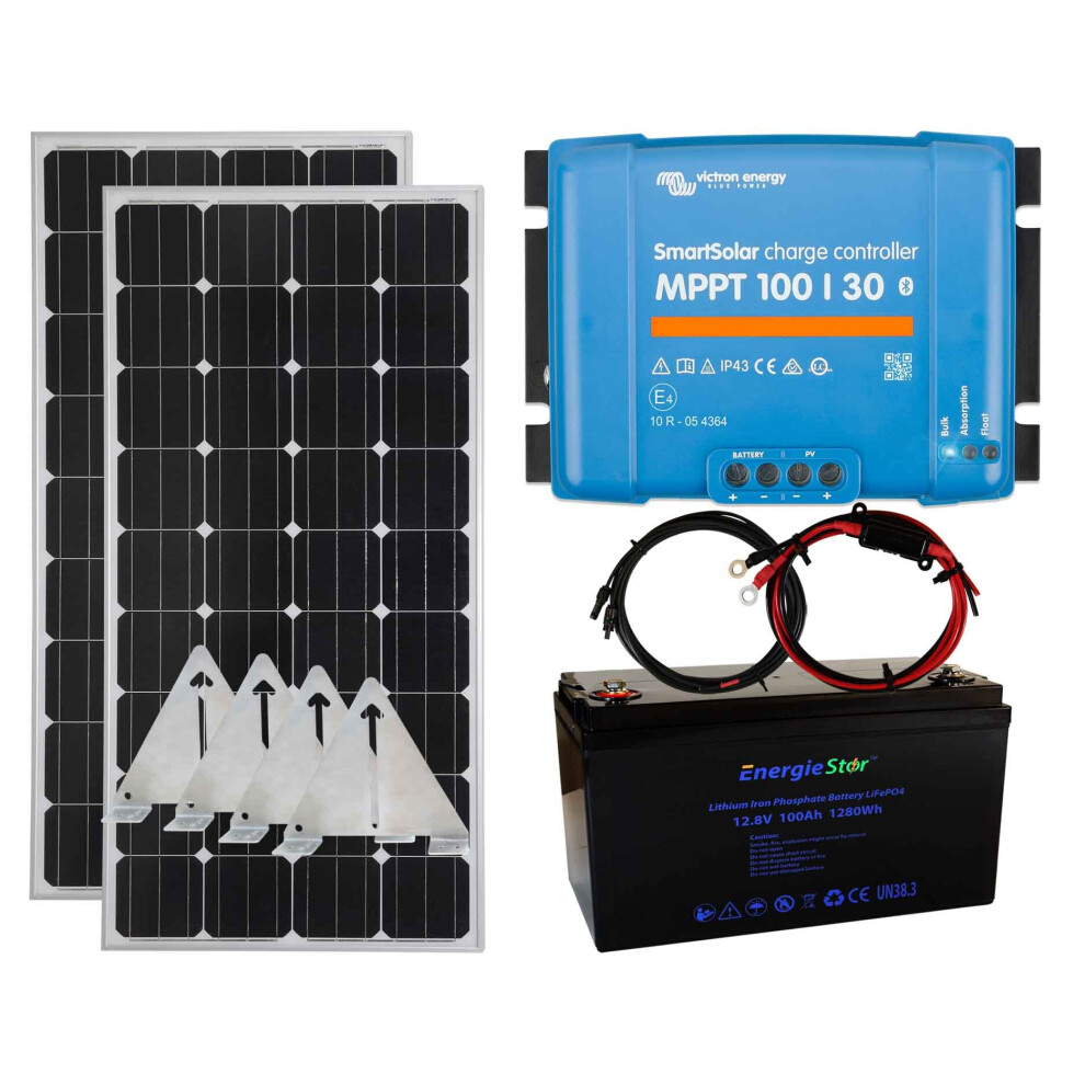 Victron 300w Solar Panel Kit MPPT Charging Controller Lithium Battery Flip Mount,Narrowboat Flip Mounting Brackets,100Ah Lithium Battery,Cables