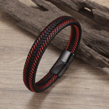 1pc Mens Charm Red Leather Braided Bracelet Metal Magnetic Buckle Casual Party Jewelry Gift