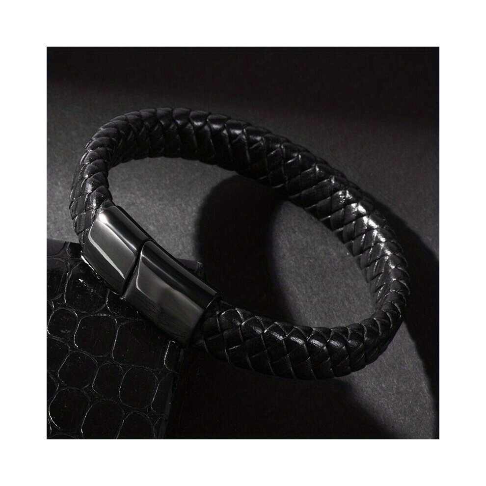 1pc Hand Woven Leather Magnetic Buckle Bracelet Mens Casual Daily Jewelry-image-OPC-PC25Q85-NEW
