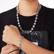 2pcs Stainless Steel Mens Coffee Bean Shape Necklace Bracelet Polished Golden Plating