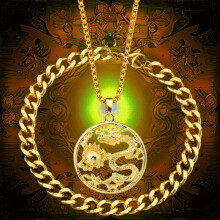 2pcs set Golden Necklace And Golden Bracelet Cuban Jewelry For Men And Ladies Dragon Pendant Necklace And Cuban Golden Bracelet Set Good Luck Even Eth