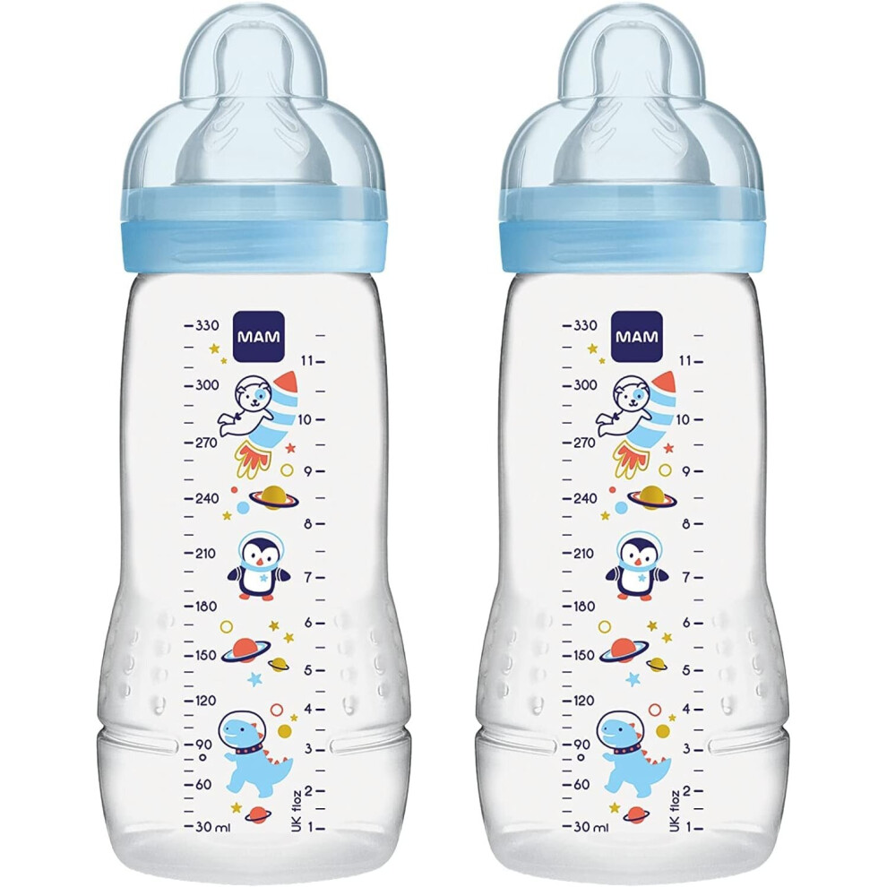 MAM Easy Active Baby Bottle with Fast Flow MAM Teats Size 3, Twin Pack of Baby Bottles, Baby Feeding, 330 ml, Blue (Designs May Vary)