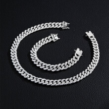 2pcs set Mens Rhinestone Hiphop Chain Necklace Bracelet