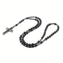 Religious Cross Pendant Glitter Matte Agate Gallstone Long Chain Sweater Chain Mens Rosary Necklace