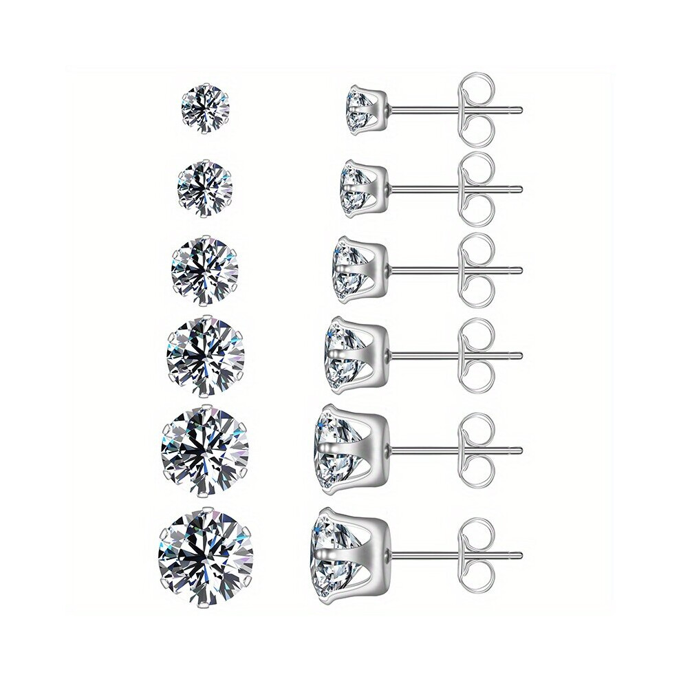6pairs set 3 8mm Stainless Steel Stud Earrings With Sparkling Hypoallergenic Cubic Zircon For Men And Women-image-OPC-PC25SWB-NEW