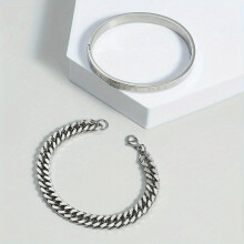 1pc Stainless Steel Silver Mens Cuban Link Bracelet And One Silver Stainless Steel Roman Numeral Bracelet