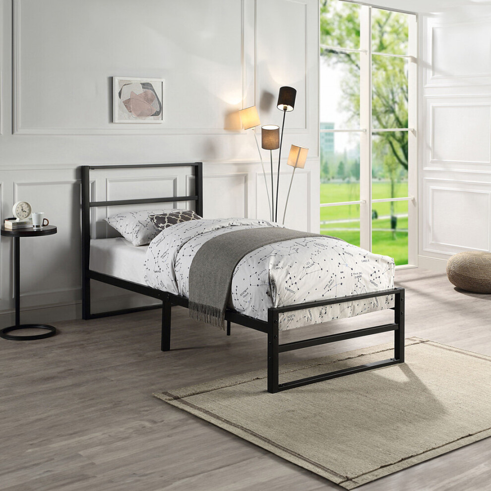 (Single 90 x 190cm, No Mattress) BALDOCK MODERN BLACK METAL BED FRAME