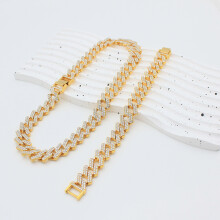 Mens Hip Hop Golden Medium Artificial Rhinestones Bracelet Necklace Set
