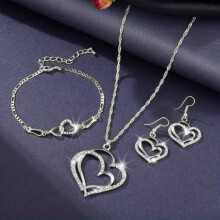 Double Love Heart Silver 3 4pcs Set Bracelet Necklace Earrings Set Jewelry Set For Men