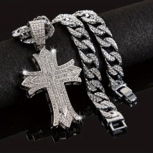 Mens Ice Faux Diamond Cuban Necklace Punk Cross Pendant Necklace