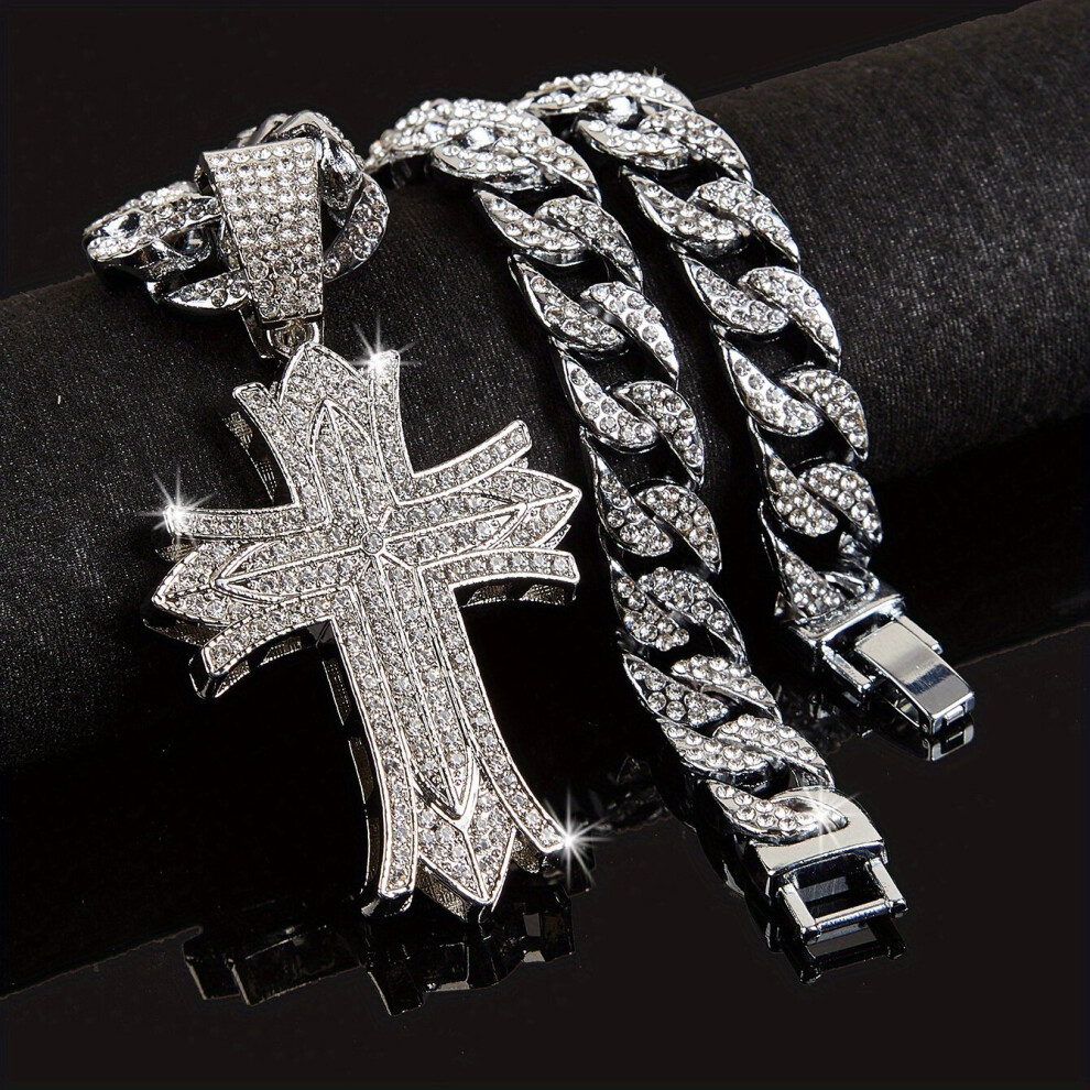Mens Ice Faux Diamond Cuban Necklace Punk Cross Pendant Necklace