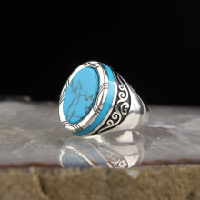 1pc Vintage Metal plated Craftsman Embedded Precious Bluestone Ring Thermal Car Boys Travel Reception Ring Artificial Jewelry