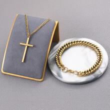 2pcs Men Cross Pendant Stainless Steel Chain Necklace Bracelet Set