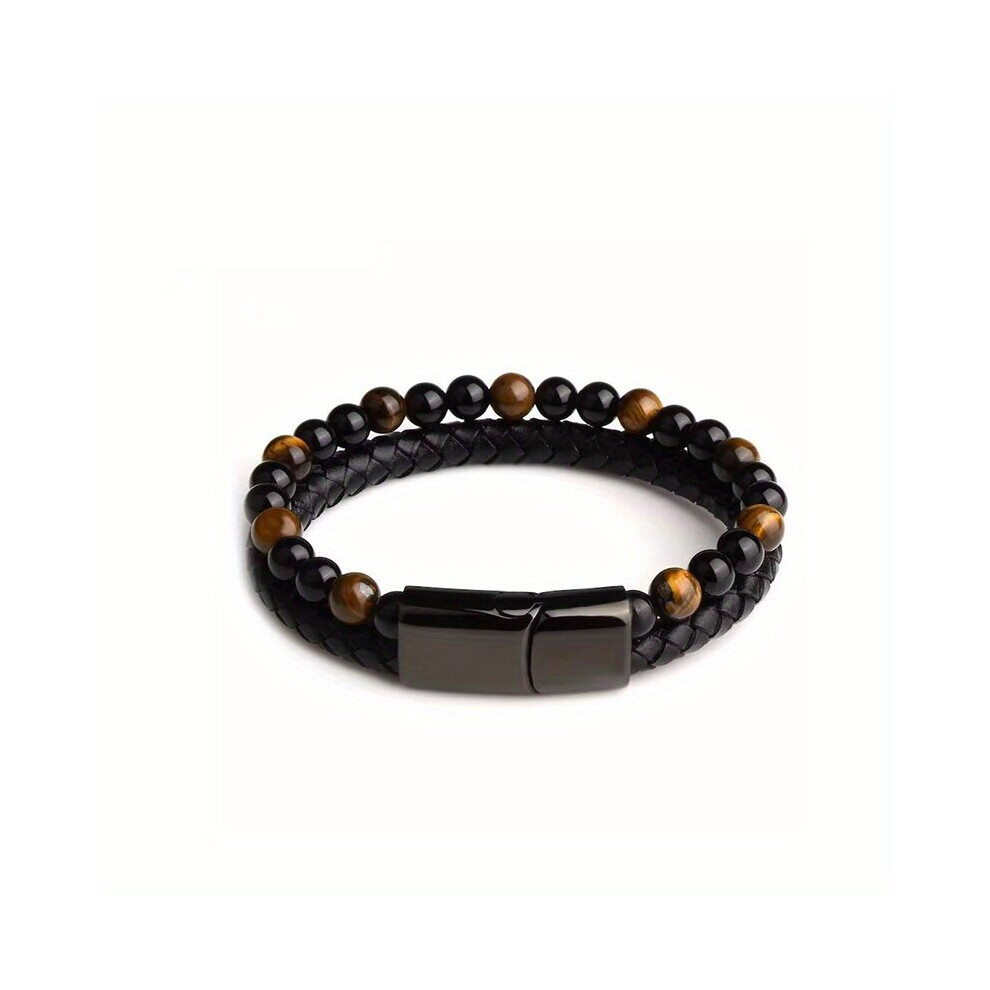 1pc Alloy Double Layer Leather Beaded Bracelet With Natural Stone For Men-image-OPC-PC2659Z-NEW