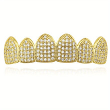 1set Micro inlaid Zircon Braces Hip Hop Hipster Golden Teeth Grillz Top And Bottom Grillz For Men Women Hip hop Braces Halloween Dress Up Personality