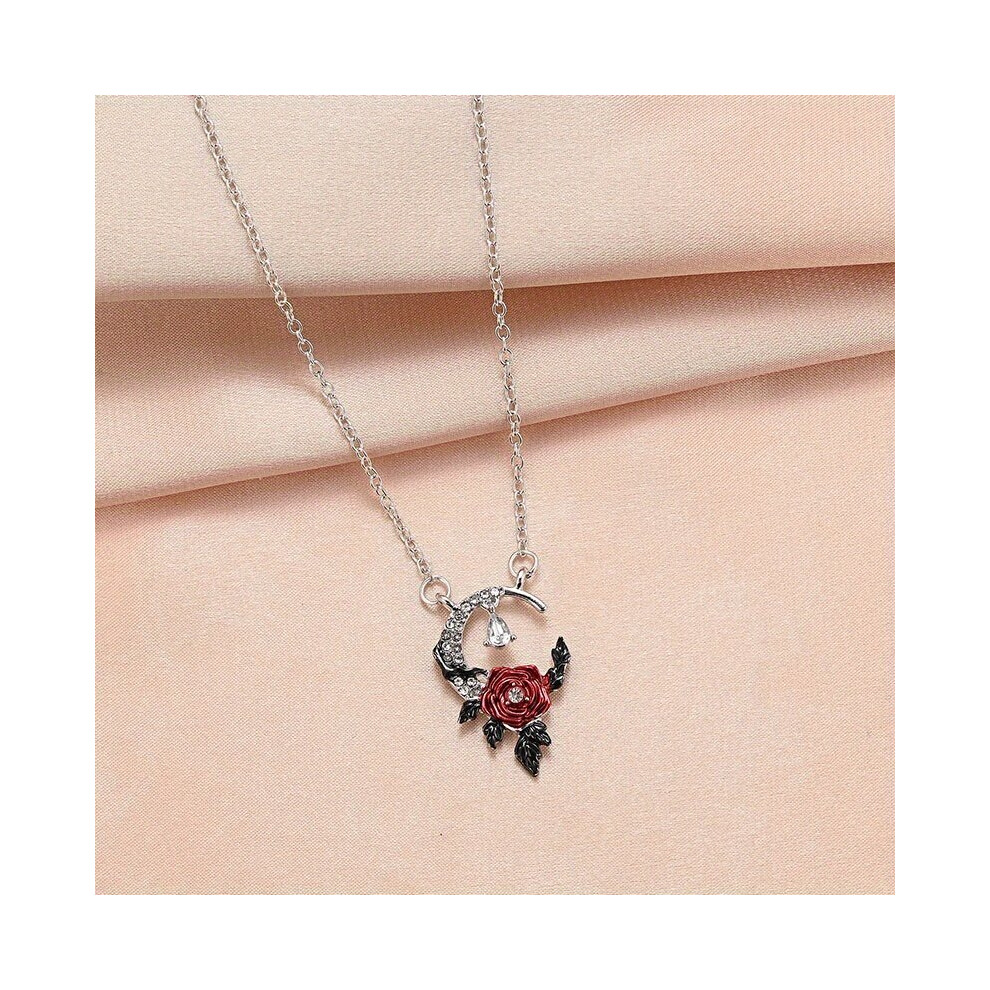 1pc Creative Crescent Pendant Red Flower Small Rhinestone Mens Pendant-image-OPC-PC2669N-NEW