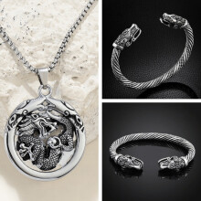 2pcs Retro Stainless Steel Necklace Bracelet SetDragon Head Wolf Head Mens Necklace Bracelet Jewelry Package