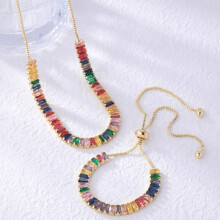 Rainbow Zirconia Necklace Bracelet Set Colorful Crystal Adjustable Necklace Hip Hop Jewelry For Men Christmas Birthday Gift For Men Women Or Couples