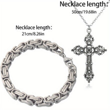 1 Set Mens Bracelet Necklace Set Cross Pendant Necklace With Cuban Bracelet Jewelry For Men Pendant Gift For Men Couples Or Women