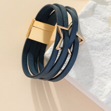 1pc Bohemian Leather Five pointed Star layer Magnetic Buckle Head Boys Wrist Bracelet Without Jewelry