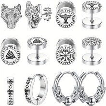 6 Pairs Stainless Steel Viking Hoop Earrings Retro Earrings For Men