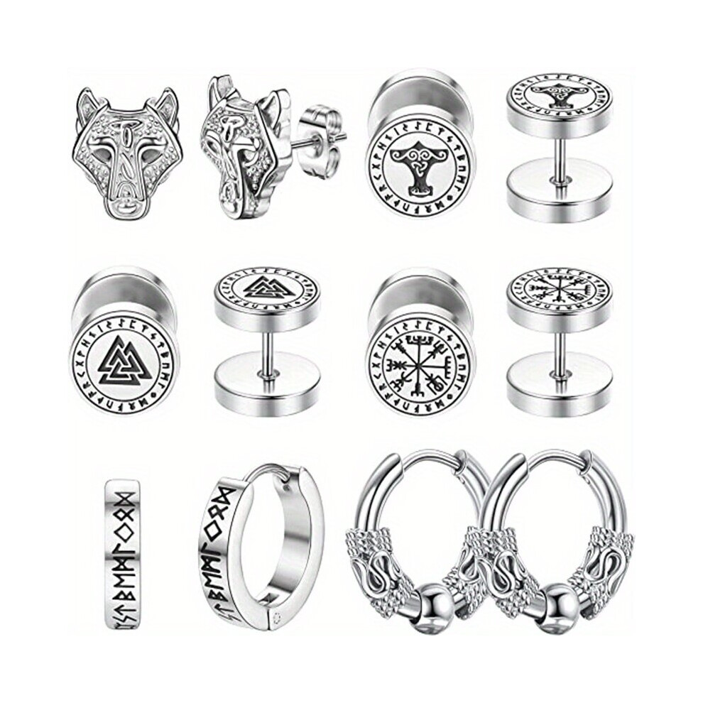 6 Pairs Stainless Steel Viking Hoop Earrings Retro Earrings For Men
