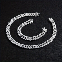 2pcs Hip Hop Ice Out Miami Cuban Chain Golden Silver 13MM Necklace Bracelet Set Gift For Men And Women