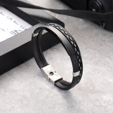 1pc Couple Stainless Steel Bracelet Adjustable Leather Rope Braided Bracelet Gift For Boys