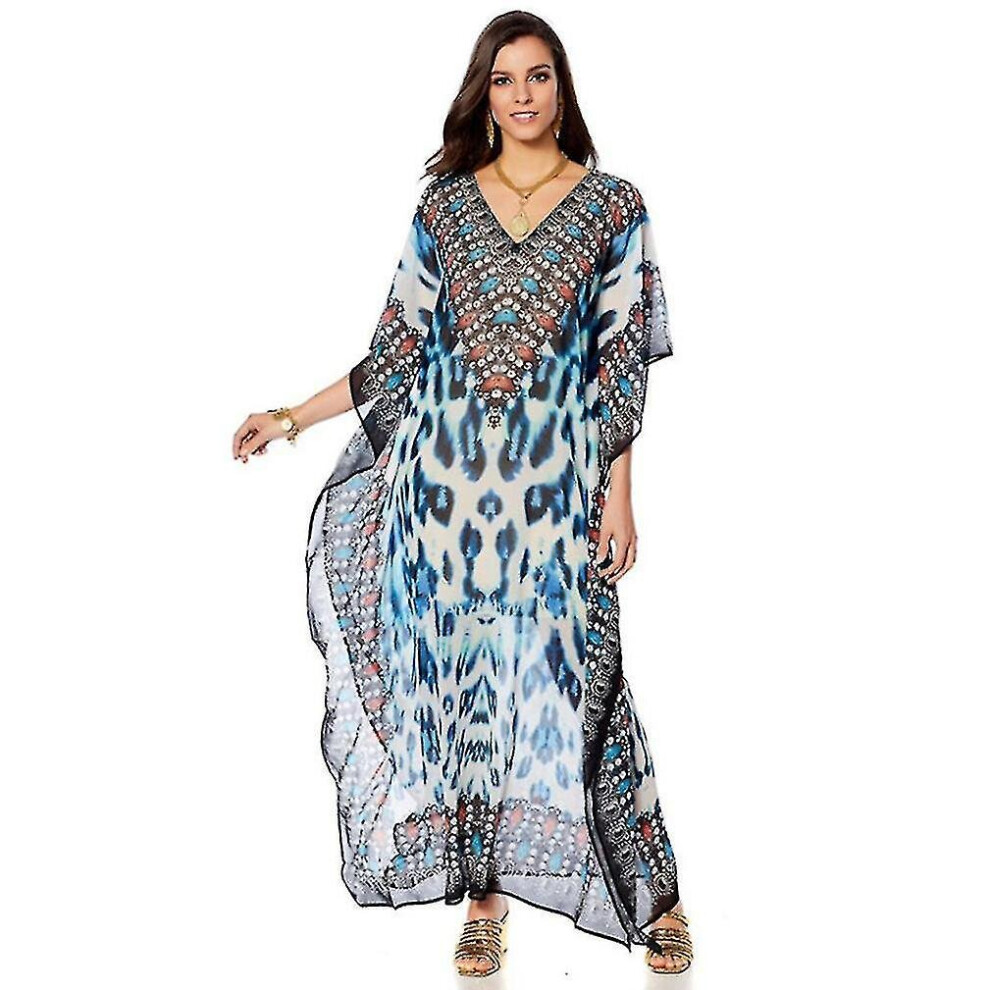 Leopard Pattern Printed Women Kaftan Beachwear V Neck Suncreen Bikini Cover Up-image-OPC-PC26TW5-NEW
