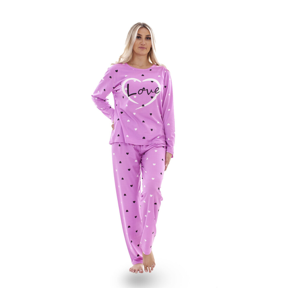 (Lavender, XL) Ladies Pyjama Set Love Crew Neck Long Sleeve Soft Cotton Loungewear PJs M to XXL