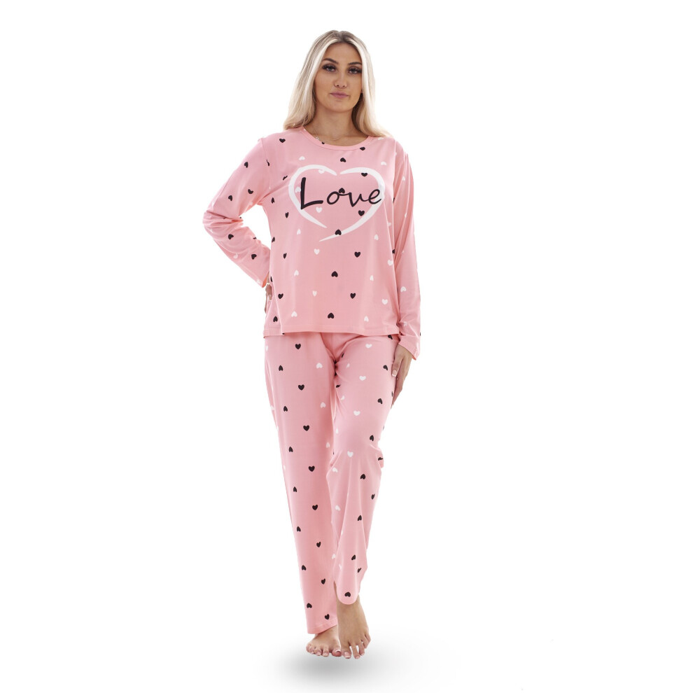 (Peach, M) Ladies Pyjama Set Love Crew Neck Long Sleeve Soft Cotton Loungewear PJs M to XXL