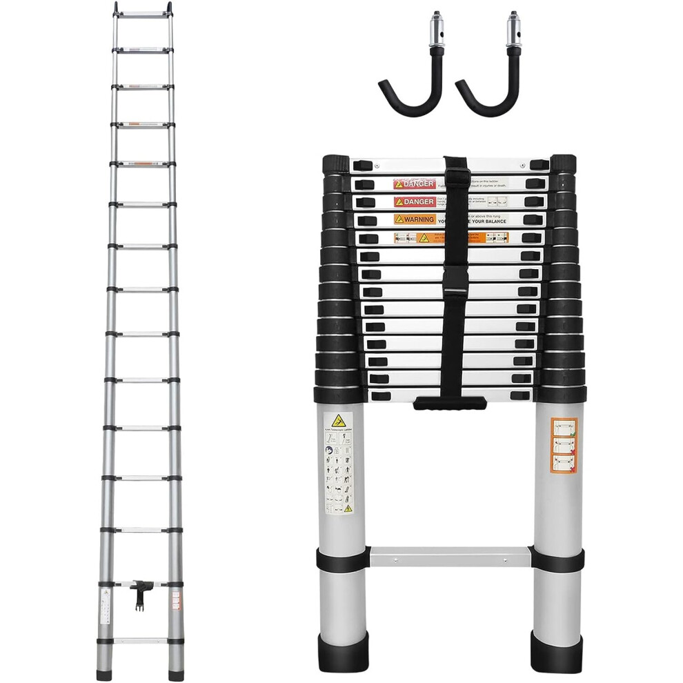 4.4M Telescopic Ladder Portable Heavy Duty Aluminium Extendable with Roof Hooks