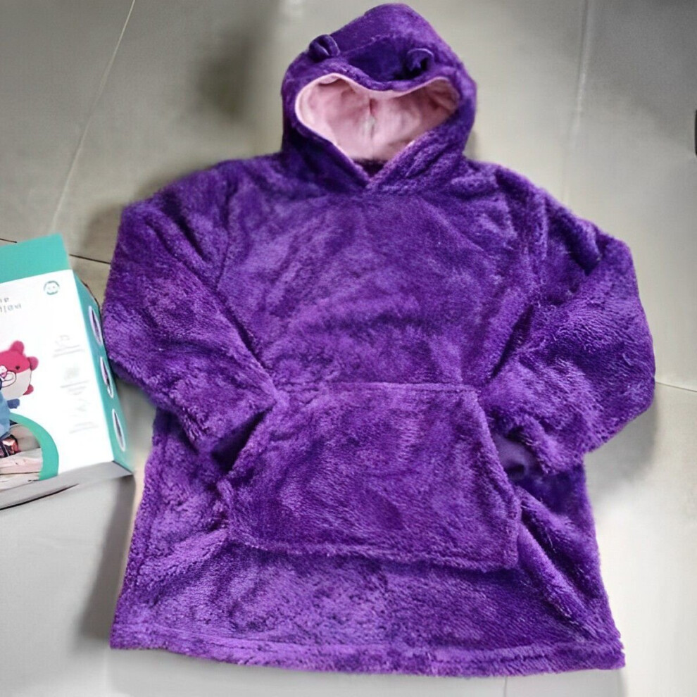 (Purple) Kids Blanket Hoodie Oversized Plush Giant Sweatshirt Winter Fleece Warm Hooded