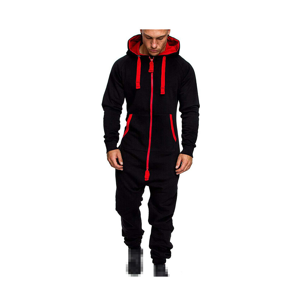(Black, XL) Mens Long Sleeve Camouflage Onesie Jumpsuit Tracksuit Zipper Overalls Fitness