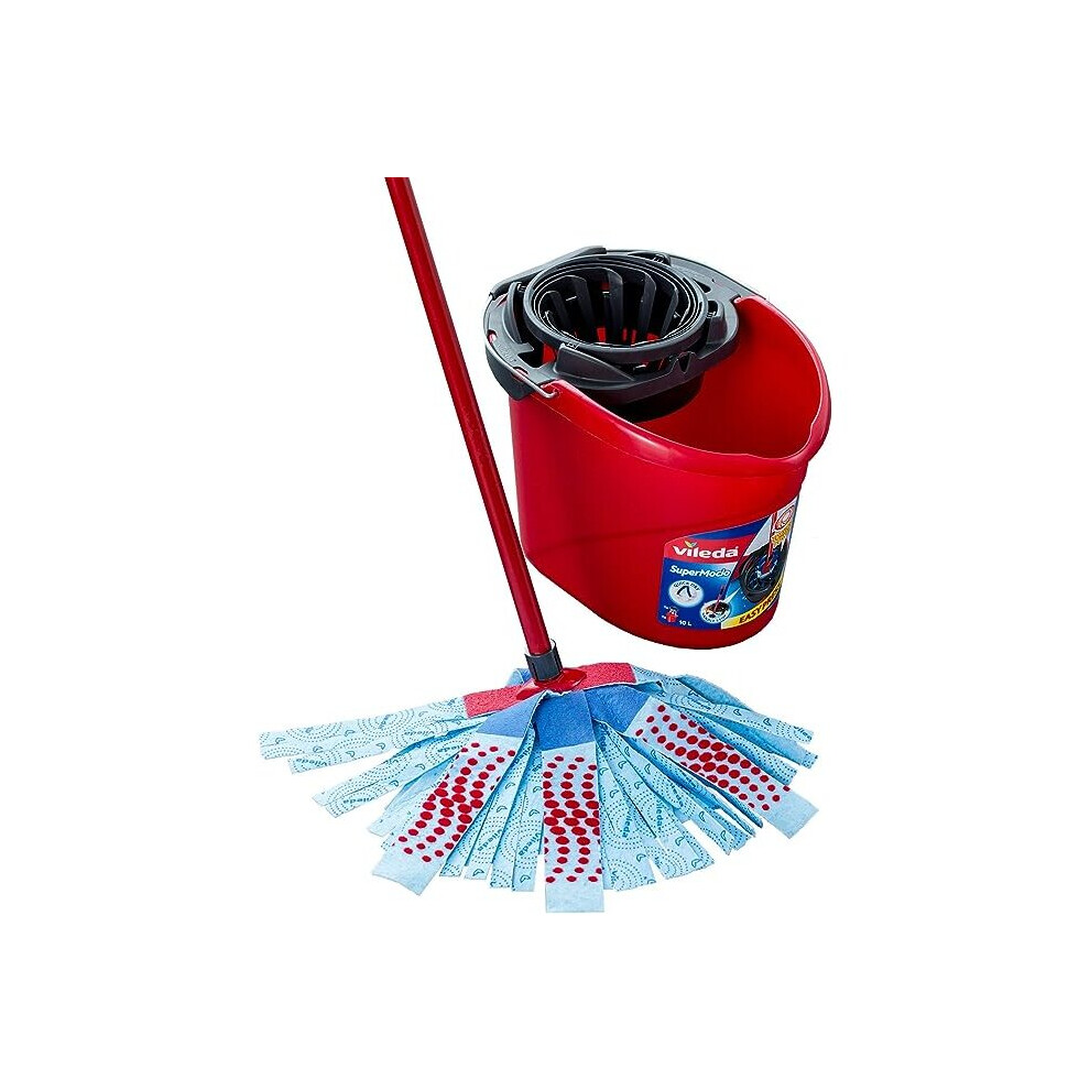 Vileda SuperMocio 3 Action Mop and Bucket Set, Mop for Cleaning Floors, Set of 1x Mop and 1 x Bucket, Red/Grey/Blue, 6 x 15 x 117 cm