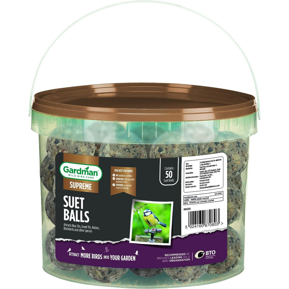 Gardman A04294 Energy Suet Fat Balls 50 Tub Bird Food, Natural, 27 X 27 X 21 Cm Black