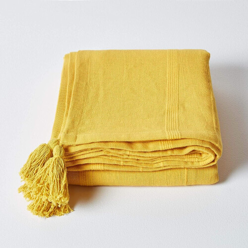 Homescapes (255 x 360 cm, Yellow) Cotton Rajput Ribbed Throw 1